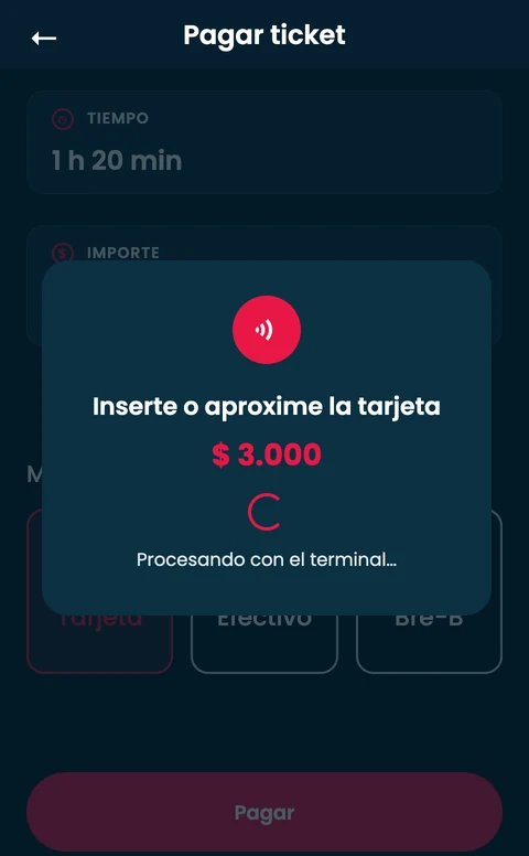 Pantalla ilustrativa de Ticket Point con datos ficticios: inserte o aproxime la tarjeta, procesando con el terminal.